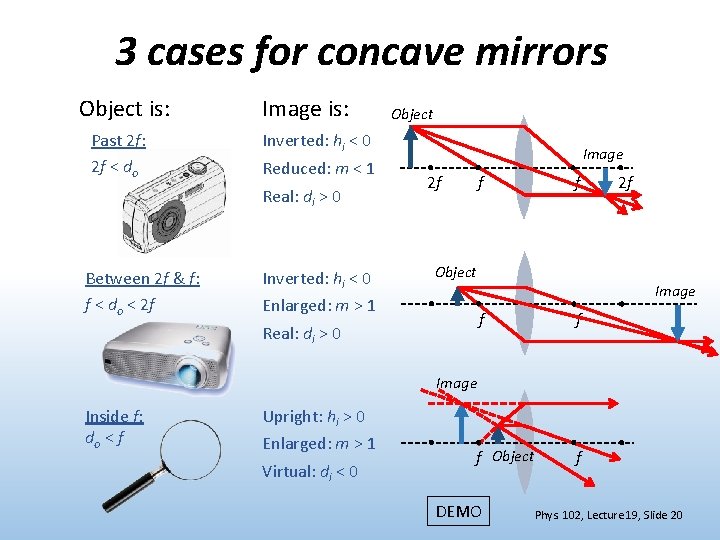 3 cases for concave mirrors Object is: Past 2 f: 2 f < do