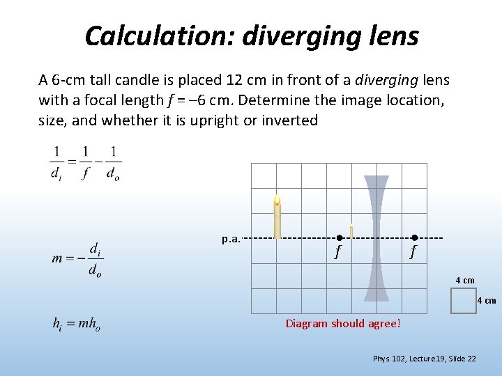 Calculation: diverging lens A 6 -cm tall candle is placed 12 cm in front