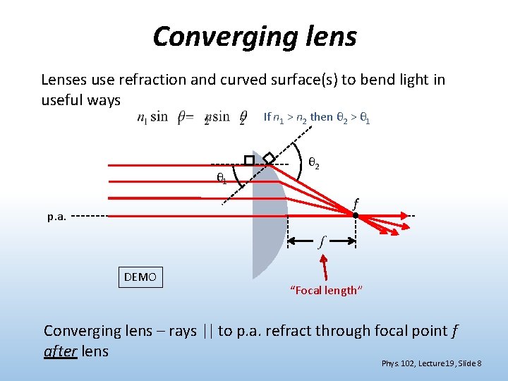 Converging lens Lenses use refraction and curved surface(s) to bend light in useful ways