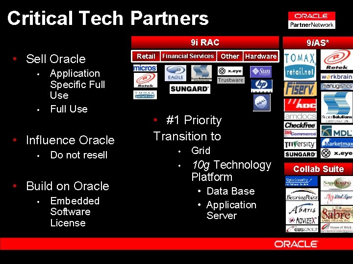 Critical Tech Partners 9 i RAC • Sell Oracle • • Application Specific Full