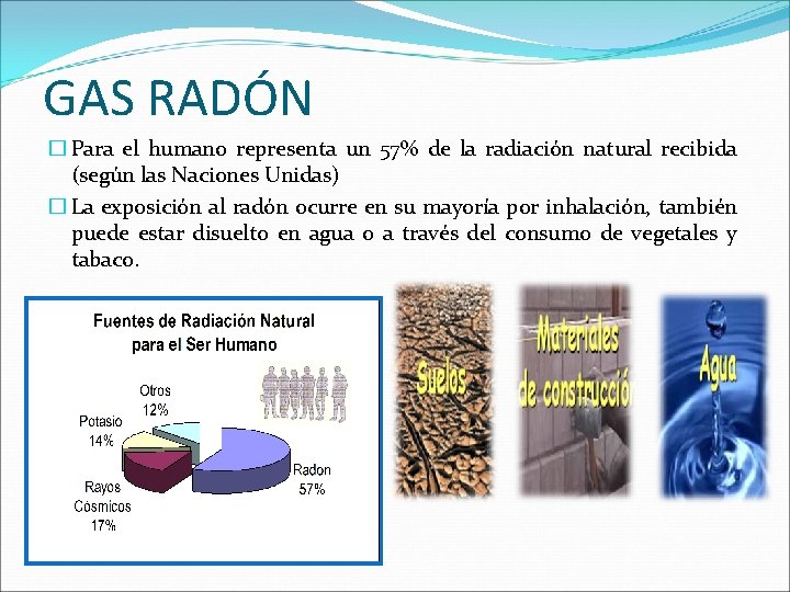 GAS RADÓN � Para el humano representa un 57% de la radiación natural recibida GAS RADÓN � Para el humano representa un 57% de la radiación natural recibida