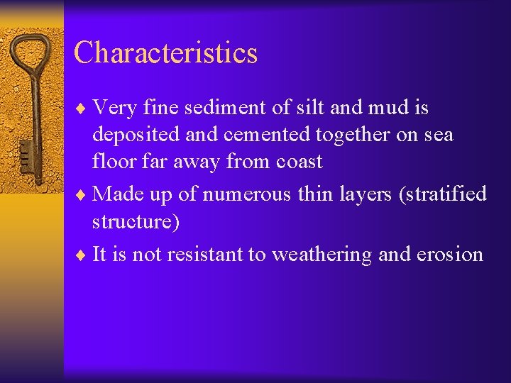 Characteristics ¨ Very fine sediment of silt and mud is deposited and cemented together