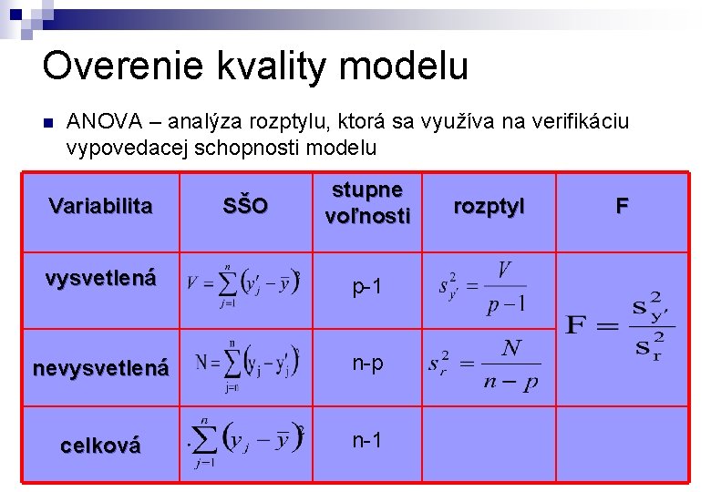 Overenie kvality modelu n ANOVA – analýza rozptylu, ktorá sa využíva na verifikáciu vypovedacej