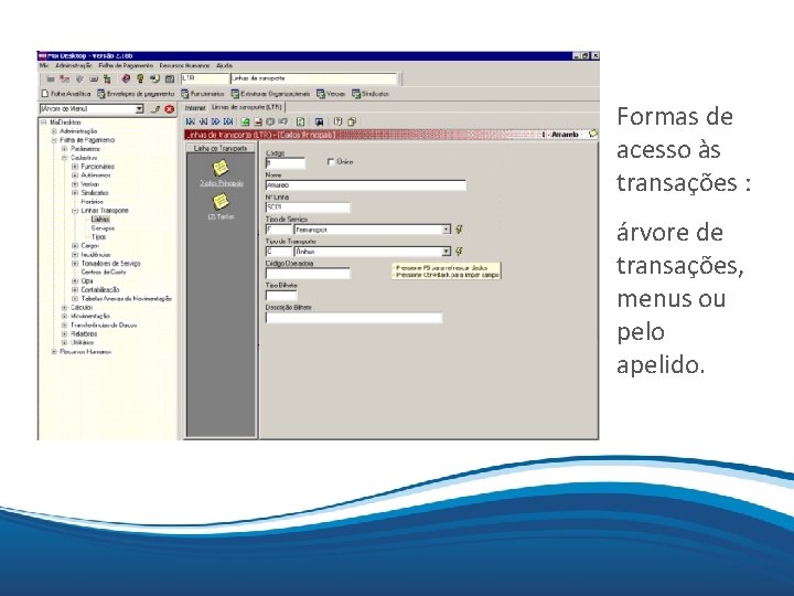 Mix Formas de acesso às transações : árvore de transações, menus ou pelo apelido.