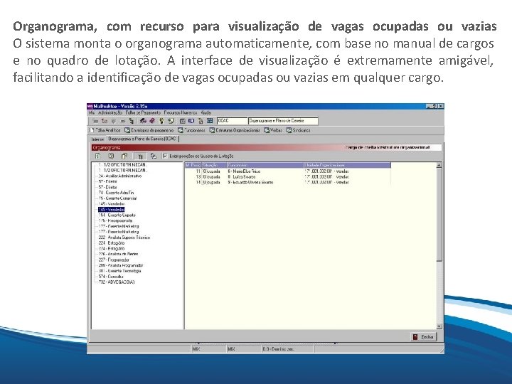 Organograma, com recurso para visualização de vagas ocupadas ou vazias O sistema monta o