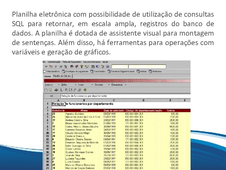 Planilha eletrônica com possibilidade de utilização de consultas Mix SQL para retornar, em escala