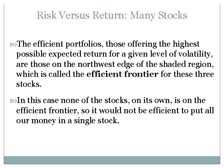 Risk Versus Return: Many Stocks The efficient portfolios, those offering the highest possible expected
