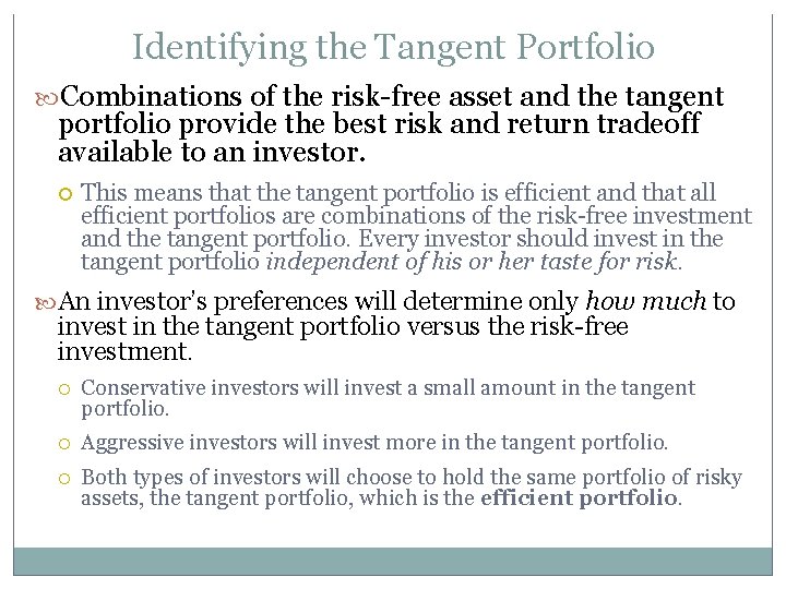 Identifying the Tangent Portfolio Combinations of the risk-free asset and the tangent portfolio provide