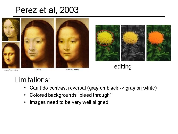 Perez et al, 2003 editing Limitations: • Can’t do contrast reversal (gray on black