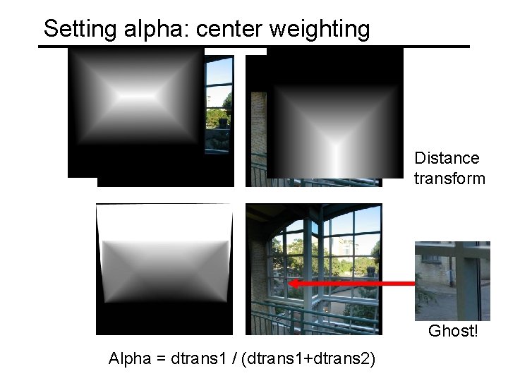 Setting alpha: center weighting Distance transform Ghost! Alpha = dtrans 1 / (dtrans 1+dtrans