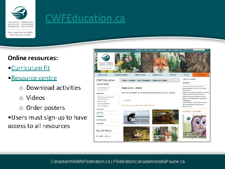 CWFEducation. ca Online resources: • Curriculum fit • Resource centre o Download activities o