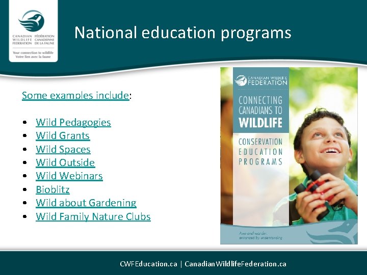 National education programs Some examples include: • • Wild Pedagogies Wild Grants Wild Spaces