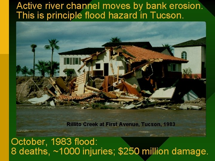 Active river channel moves by bank erosion. This is principle flood hazard in Tucson.