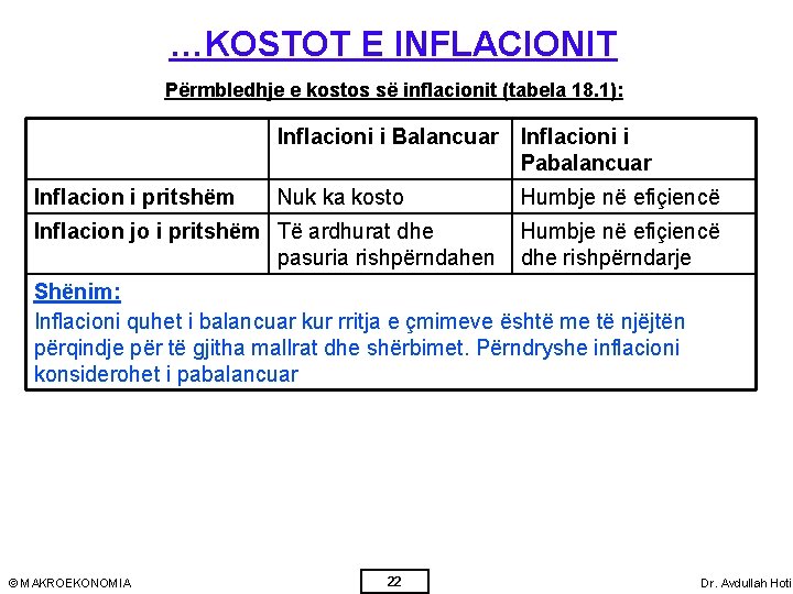 …KOSTOT E INFLACIONIT Përmbledhje e kostos së inflacionit (tabela 18. 1): Inflacion i pritshëm