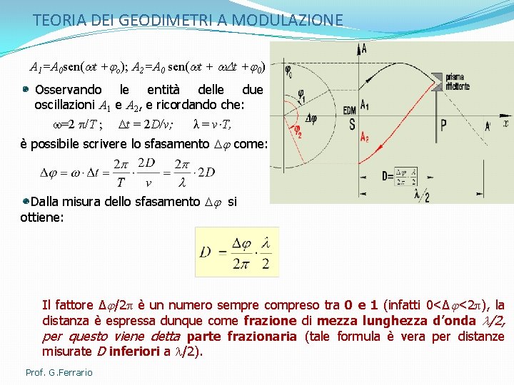 TEORIA DEI GEODIMETRI A MODULAZIONE A 1=A 0 sen( t + o); A 2=A