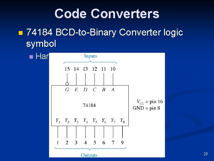 Code Converters n 74184 BCD-to-Binary Converter logic symbol n Hardware approach 29 