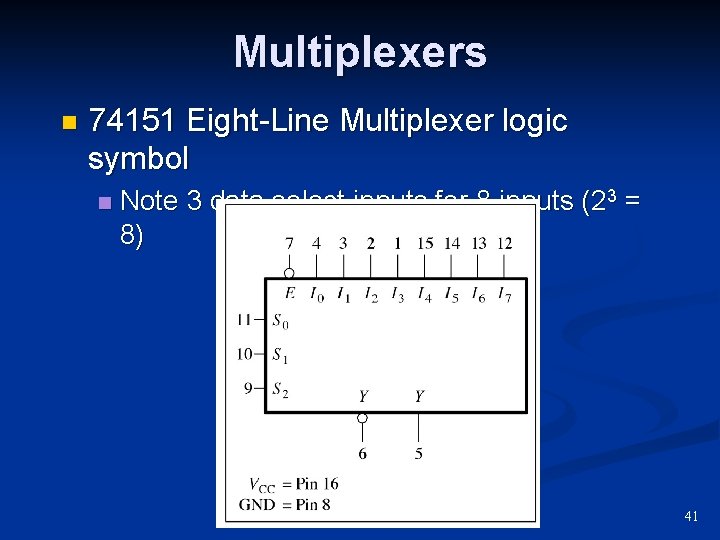 Multiplexers n 74151 Eight-Line Multiplexer logic symbol n Note 3 data select inputs for