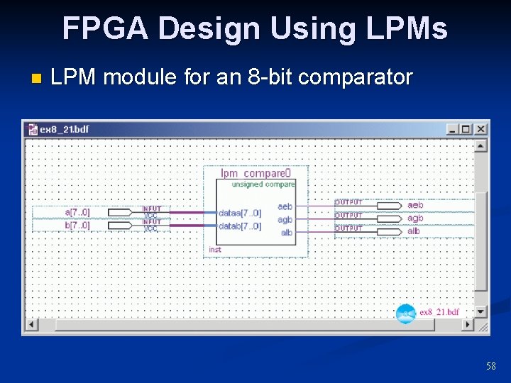 FPGA Design Using LPMs n LPM module for an 8 -bit comparator 58 