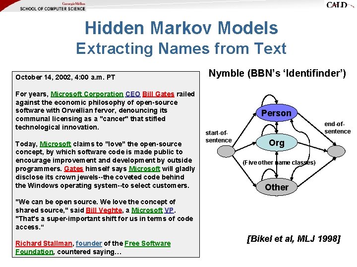 Hidden Markov Models Extracting Names from Text October 14, 2002, 4: 00 a. m. Hidden Markov Models Extracting Names from Text October 14, 2002, 4: 00 a. m.