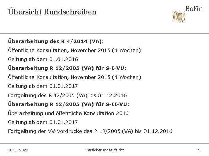 Übersicht Rundschreiben Überarbeitung des R 4/2014 (VA): Öffentliche Konsultation, November 2015 (4 Wochen) Geltung