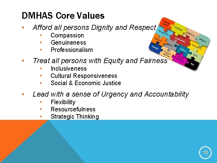 DMHAS Core Values • Afford all persons Dignity and Respect • • Treat all