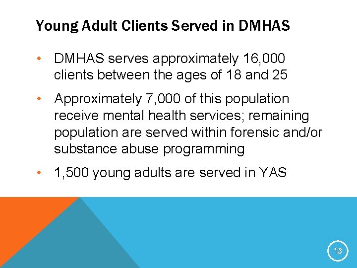 Young Adult Clients Served in DMHAS • DMHAS serves approximately 16, 000 clients between