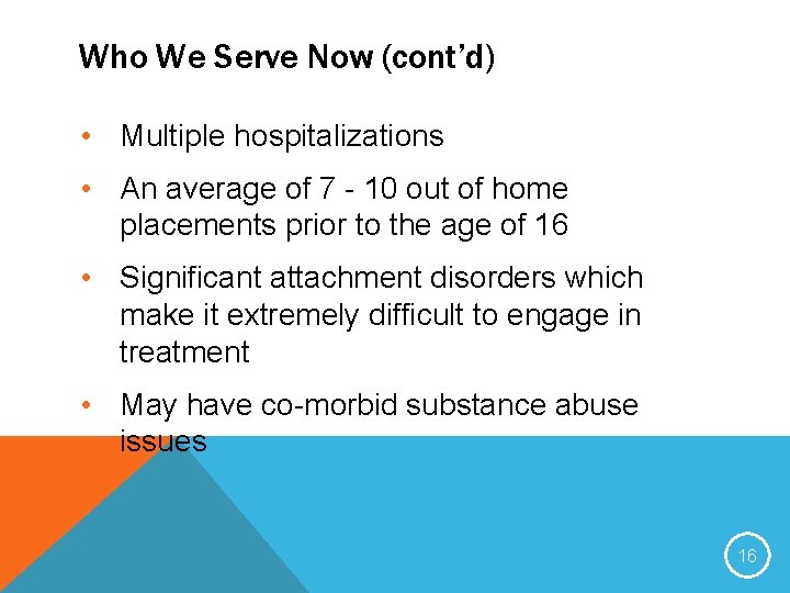 Who We Serve Now (cont’d) • Multiple hospitalizations • An average of 7 -