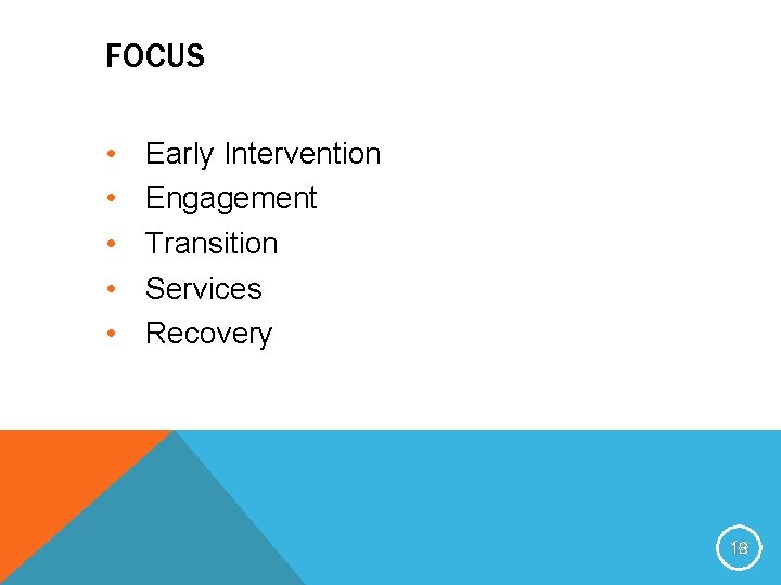 FOCUS • • • Early Intervention Engagement Transition Services Recovery 18 