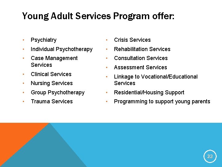 Young Adult Services Program offer: • Psychiatry • Crisis Services • Individual Psychotherapy •