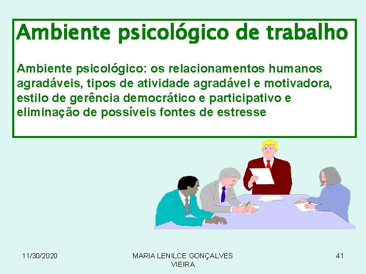 Ambiente psicológico de trabalho Ambiente psicológico: os relacionamentos humanos agradáveis, tipos de atividade agradável