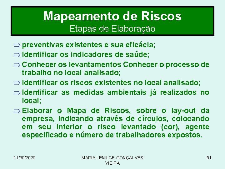 Mapeamento de Riscos Etapas de Elaboração Þ preventivas existentes e sua eficácia; Þ Identificar