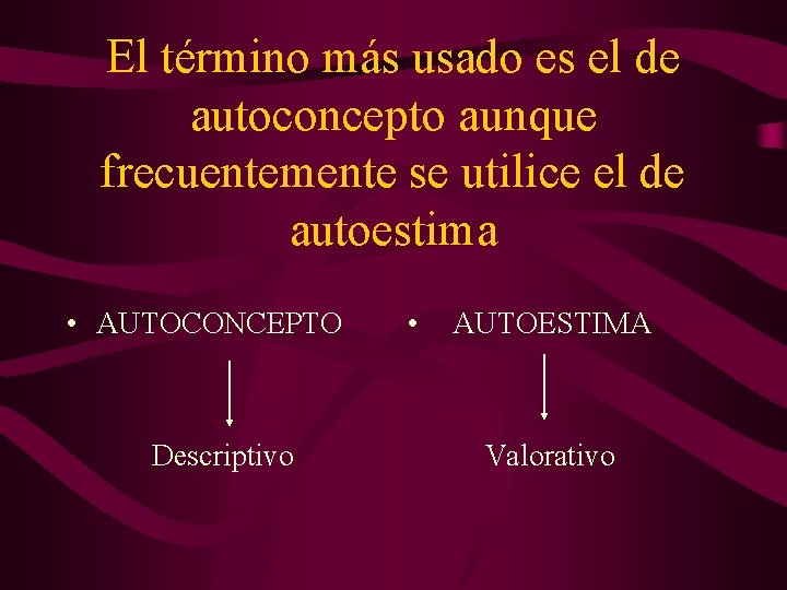 El término más usado es el de autoconcepto aunque frecuentemente se utilice el de El término más usado es el de autoconcepto aunque frecuentemente se utilice el de