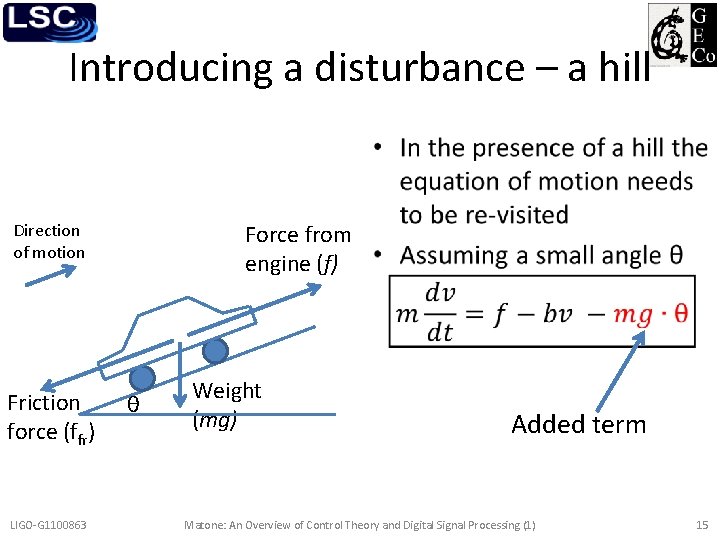Introducing a disturbance – a hill • Force from engine (f) Direction of motion