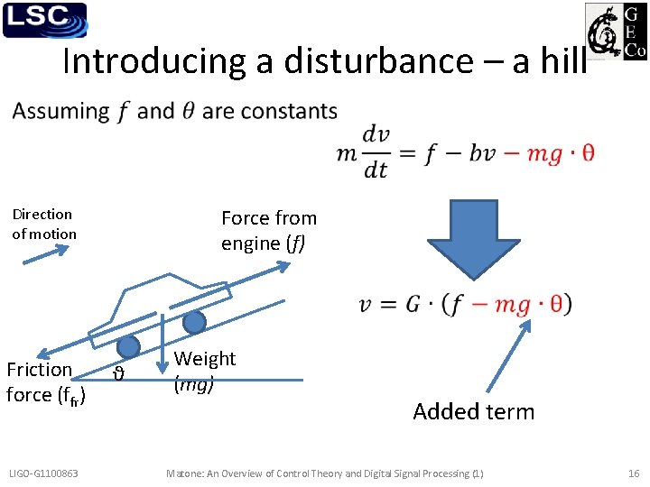 Introducing a disturbance – a hill • Force from engine (f) Direction of motion