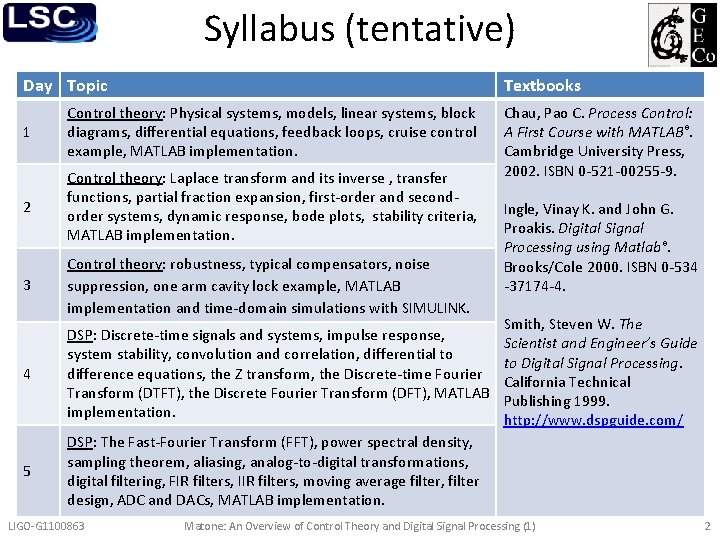 Syllabus (tentative) Day Topic Textbooks 1 Control theory: Physical systems, models, linear systems, block