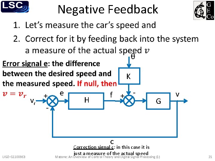Negative Feedback • θ K vr + - e H f + - G