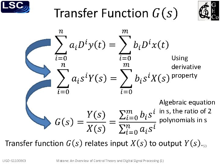  Using derivative property Algebraic equation in s, the ratio of 2 polynomials in