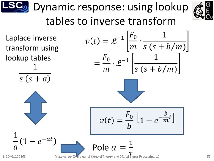 Dynamic response: using lookup tables to inverse transform • • LIGO-G 1100863 Matone: An