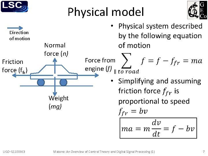 Physical model Direction of motion Friction force (ffr) • Normal force (n) Force from