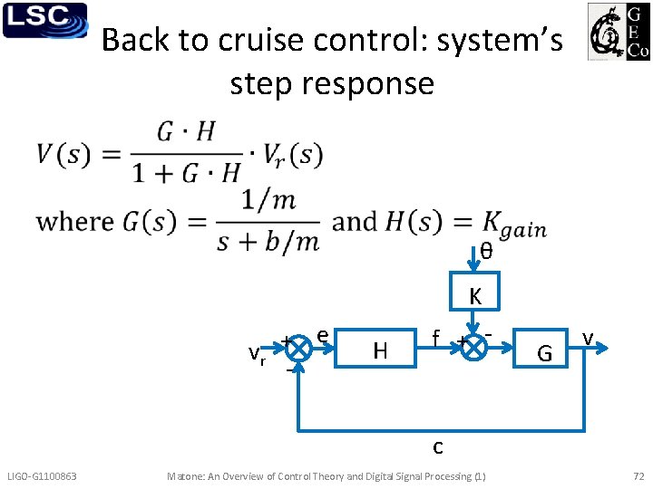Back to cruise control: system’s step response • θ K e + vr -