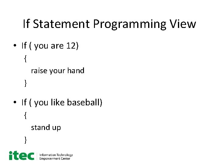 If Statement Programming View • If ( you are 12) { raise your hand