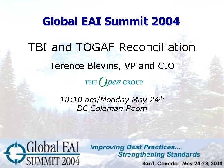 Global EAI Summit 2004 TBI and TOGAF Reconciliation Terence Blevins, VP and CIO 10: