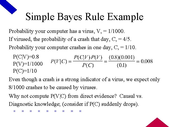 Simple Bayes Rule Example Probability your computer has a virus, V, = 1/1000. If