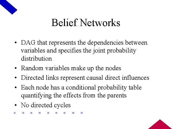 Belief Networks • DAG that represents the dependencies between variables and specifies the joint