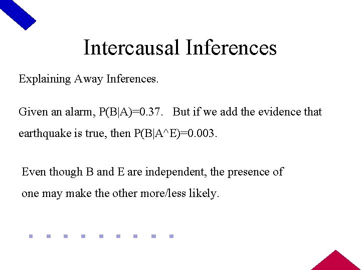 Intercausal Inferences Explaining Away Inferences. Given an alarm, P(B|A)=0. 37. But if we add