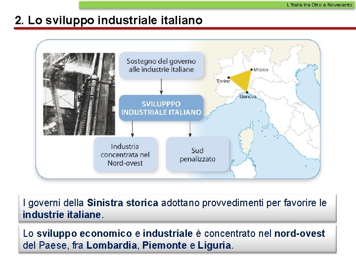 L’Italia tra Otto e Novecento 2. Lo sviluppo industriale italiano I governi della Sinistra L’Italia tra Otto e Novecento 2. Lo sviluppo industriale italiano I governi della Sinistra