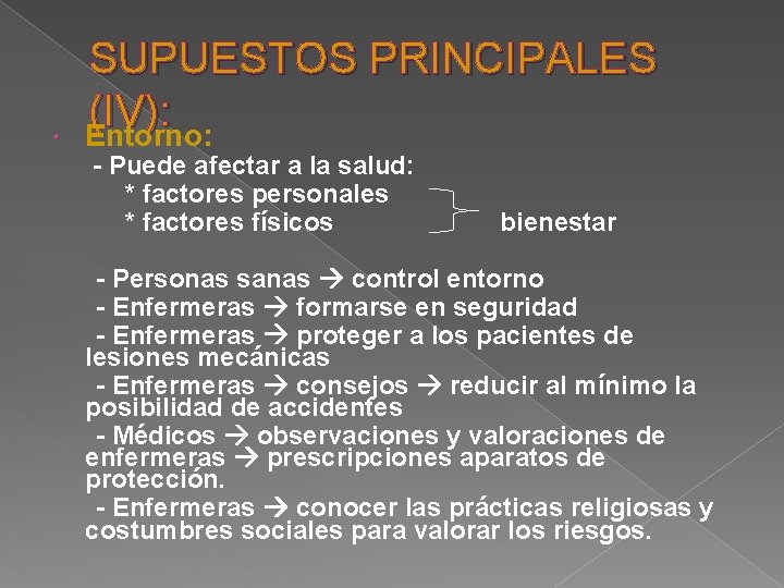  SUPUESTOS PRINCIPALES (IV): Entorno: - Puede afectar a la salud: * factores personales