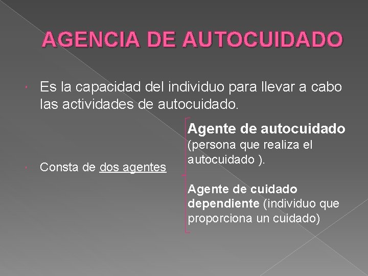 AGENCIA DE AUTOCUIDADO Es la capacidad del individuo para llevar a cabo las actividades