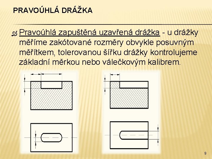 PRAVOÚHLÁ DRÁŽKA Pravoúhlá zapuštěná uzavřená drážka - u drážky měříme zakótované rozměry obvykle posuvným