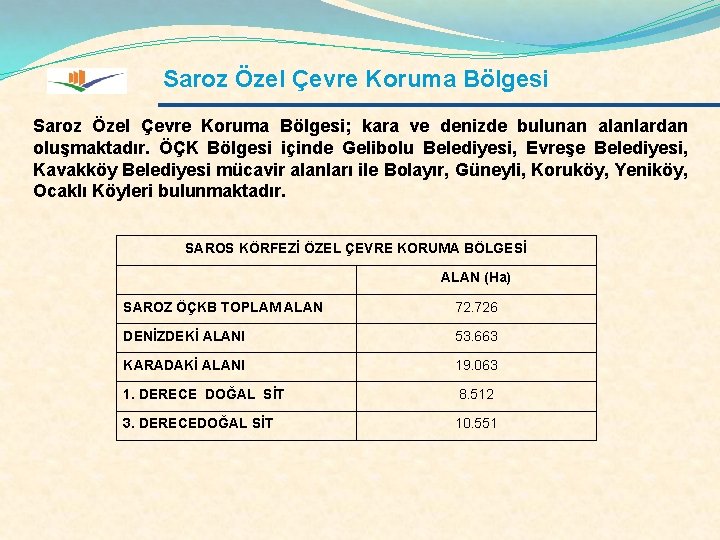 Saroz Özel Çevre Koruma Bölgesi; kara ve denizde bulunan alanlardan oluşmaktadır. ÖÇK Bölgesi içinde